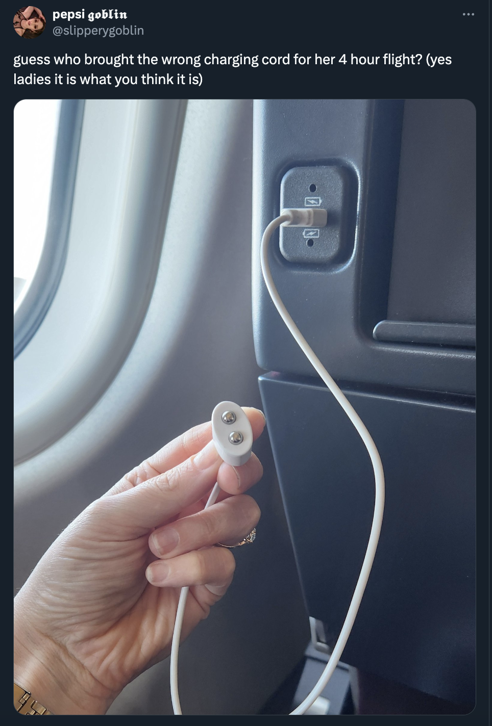 wire - pepsi goblin guess who brought the wrong charging cord for her 4 hour flight? yes ladies it is what you think it is